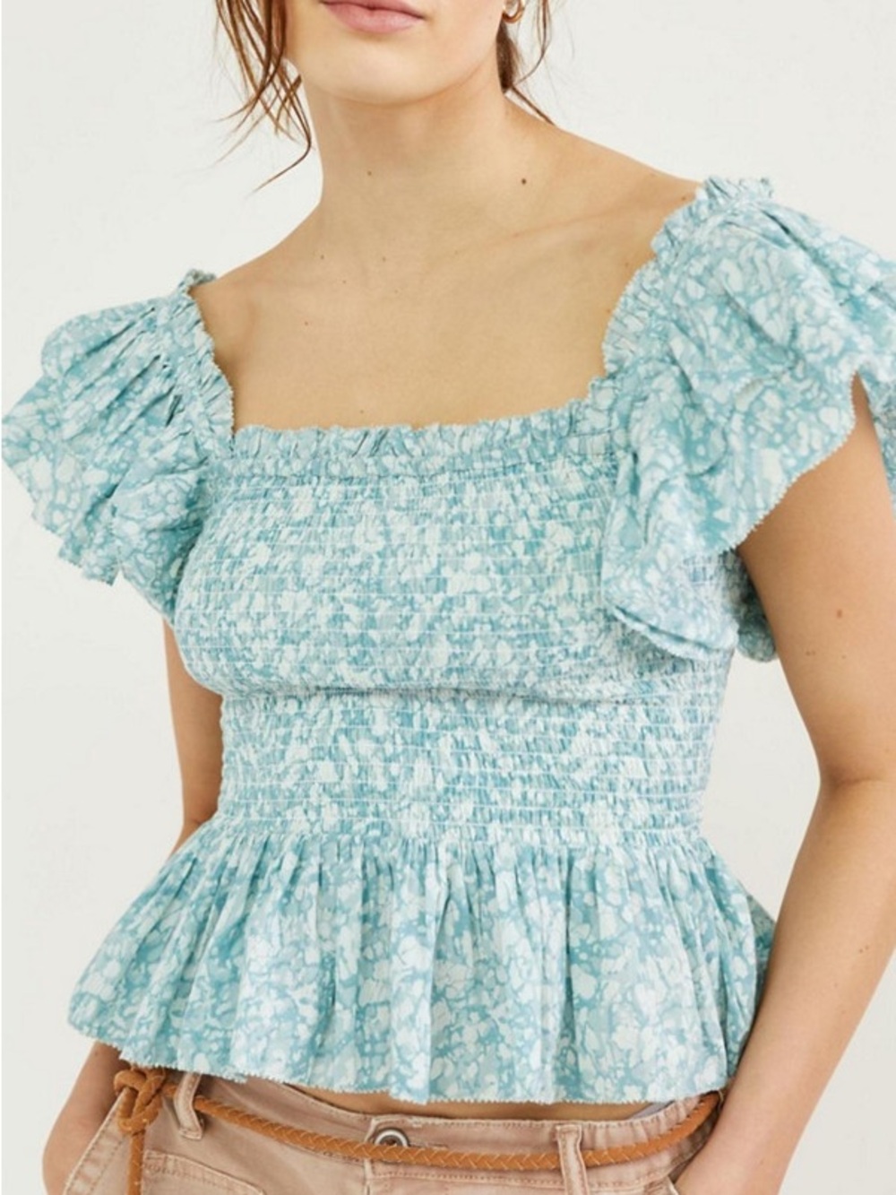 Love the Label Tuckernuck Smocked Square-Neck Ruffle Peplum Top XS